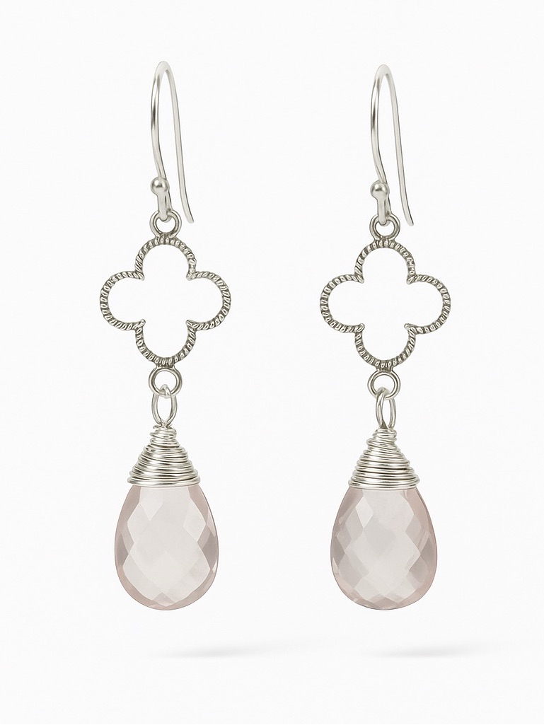 Hk1177134 Sterling Silver Rose Quartz Clover Hook Earrings